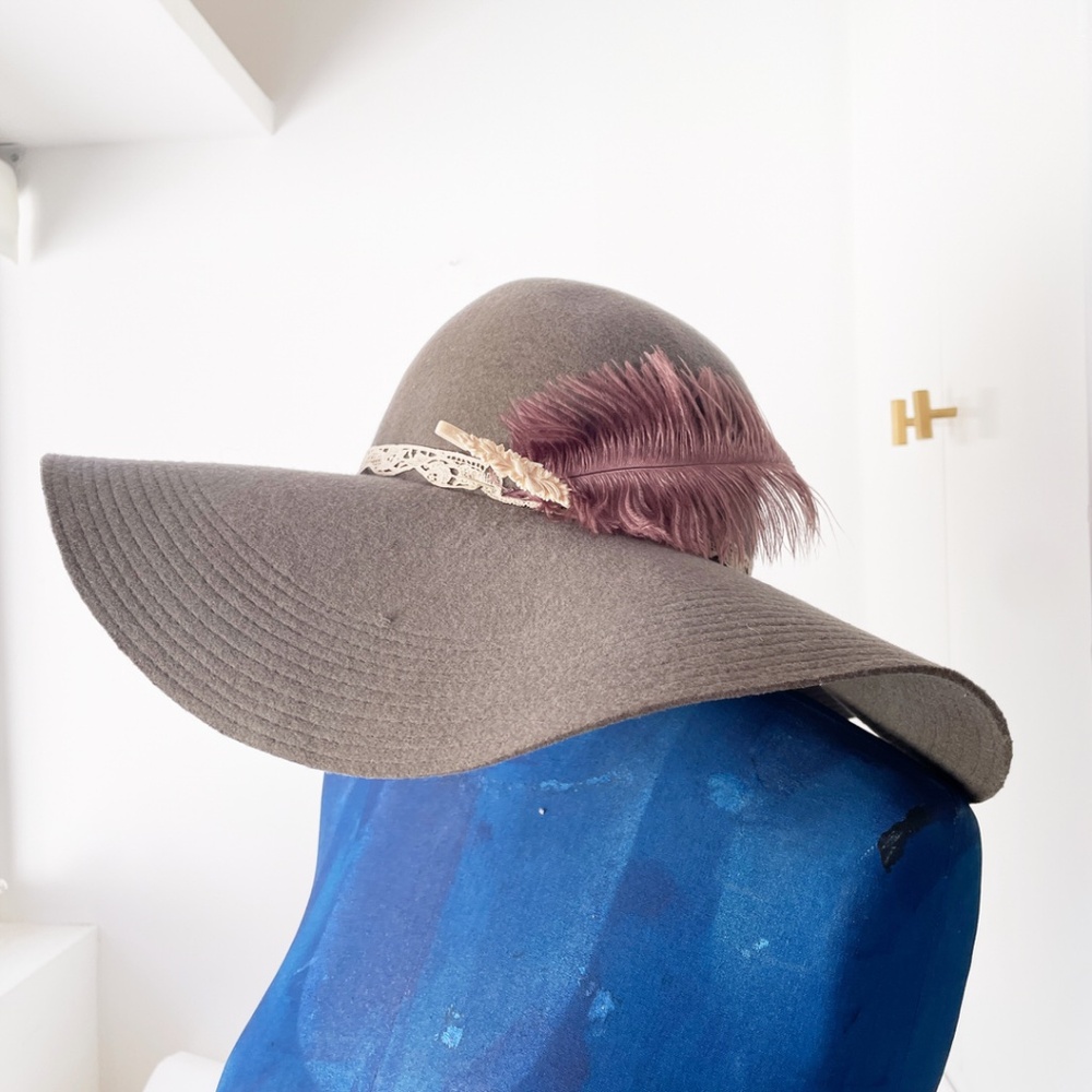 Grey Felt Floppy Wide Brim Boho Hat w/ antique lace + ostrich feather + bone pin